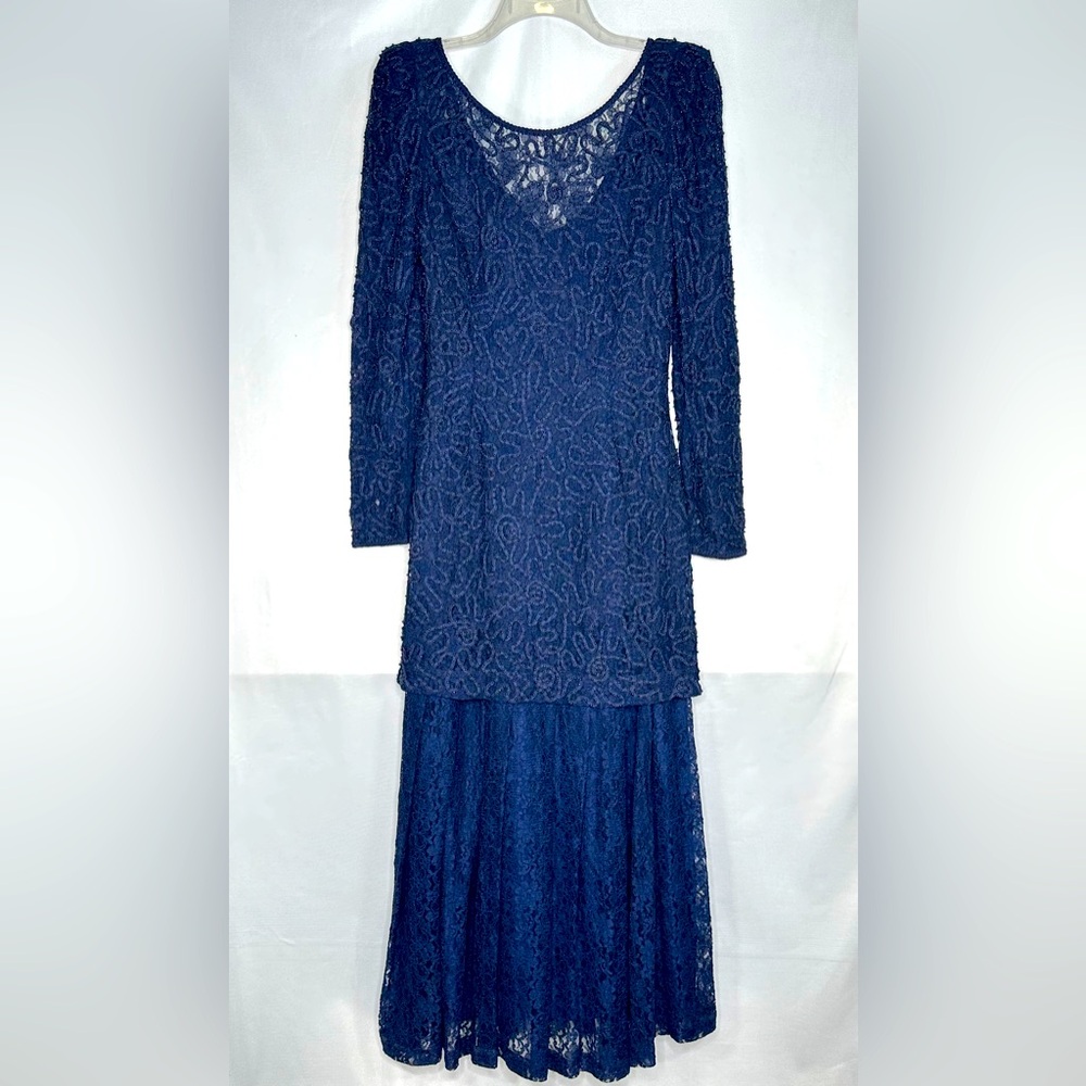 Vintage Marie St Claire Evening Dress Navy Beaded Lace Midi Dark Romantic Sz 10